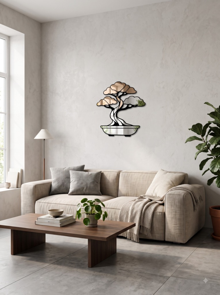 WoodVeda Black Bonsai Shape Mirror Tree