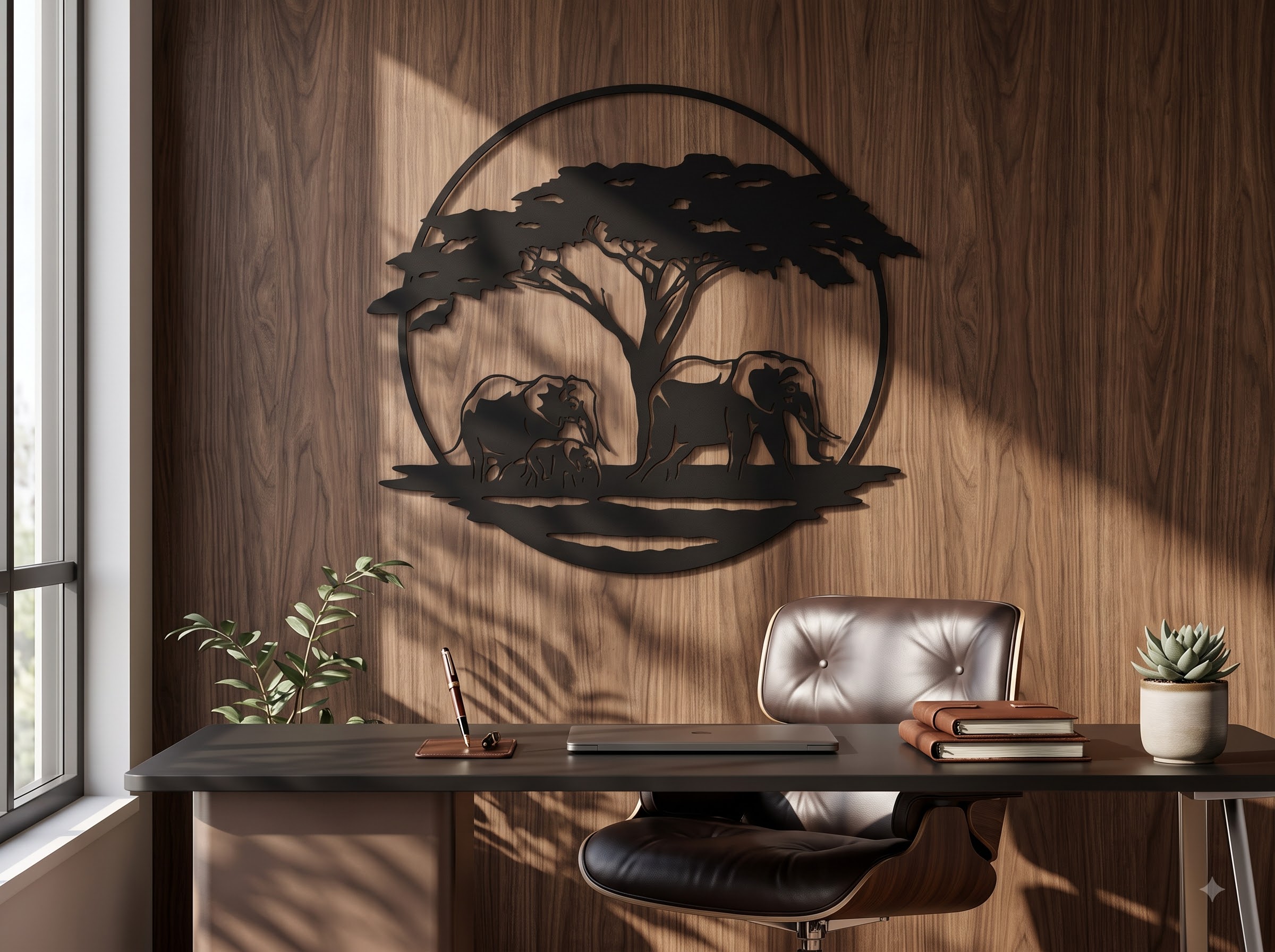 WoodVeda Circular Elephant Family Wall Art